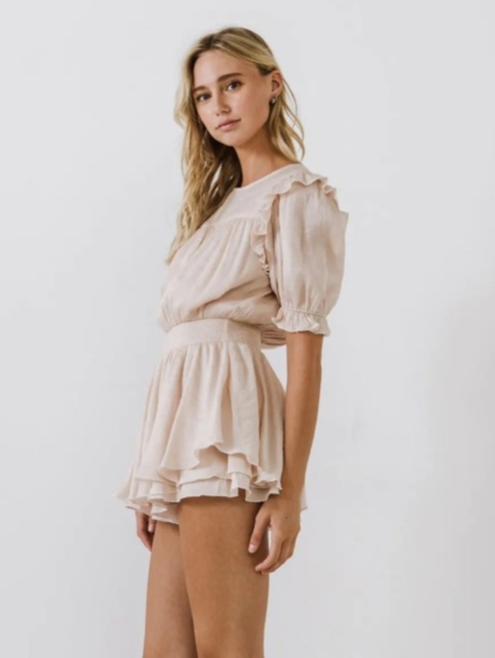 English Factory Lg Shiny Peach Puff Sleeve Short Kawaii Romper Anime Ruffled NWT